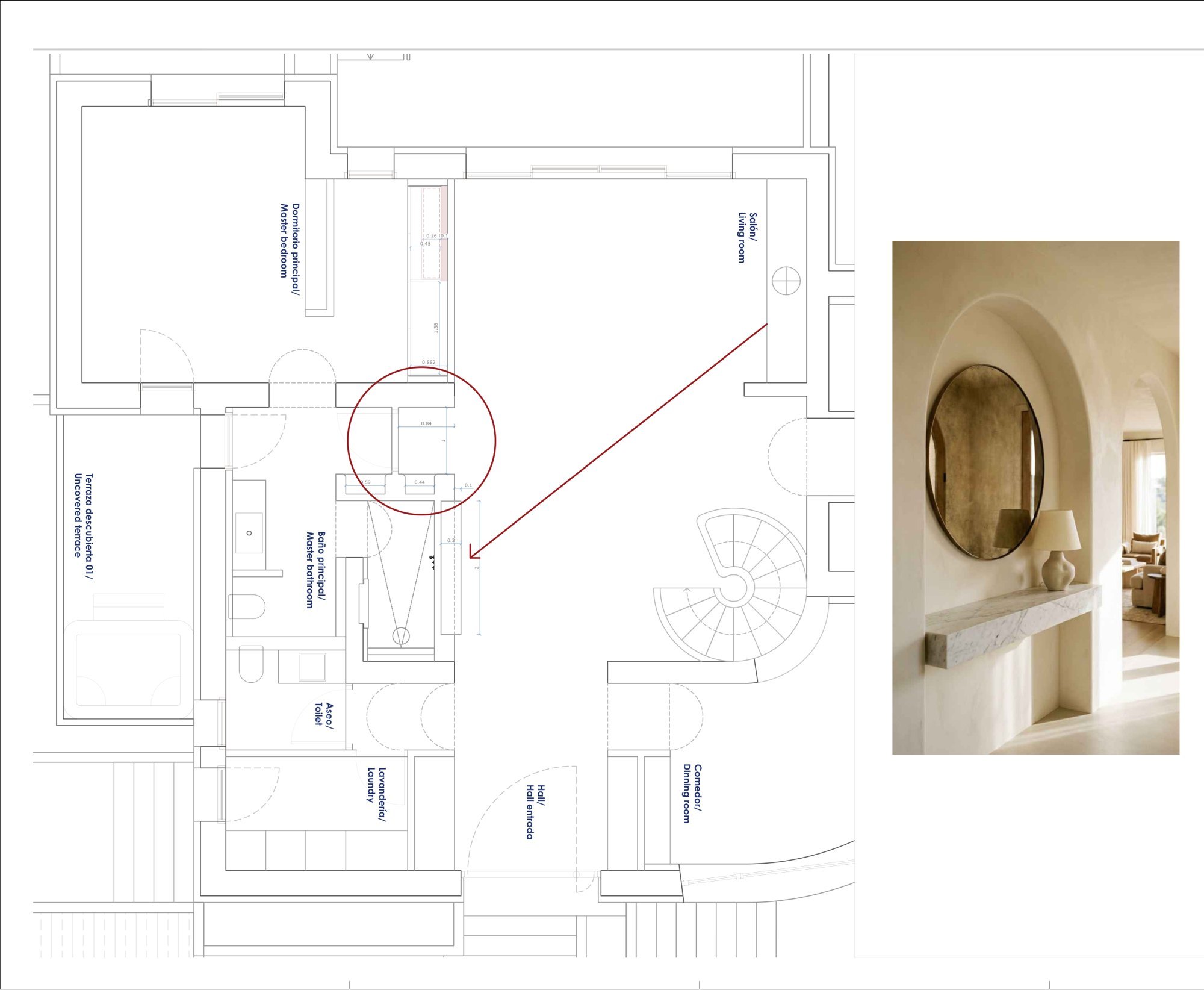 Interior drawing: plan of the master bedroom, master bathroom and dining room, with a reference image of an arched niche with a round mirror.