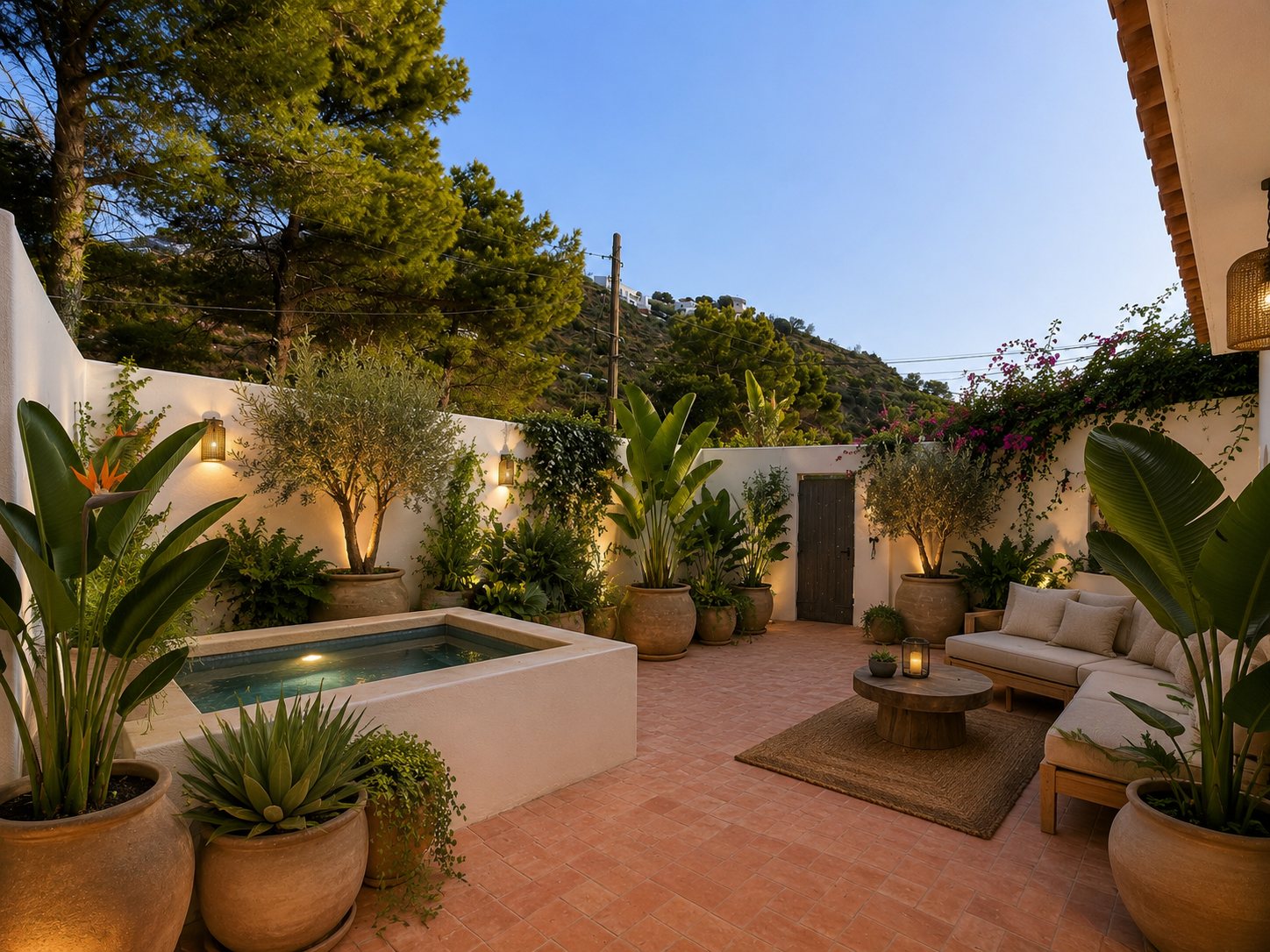 Visualisation of the patio at dusk: white walls, a plunge pool, terracotta floor, olive trees in pots and an outdoor sofa.