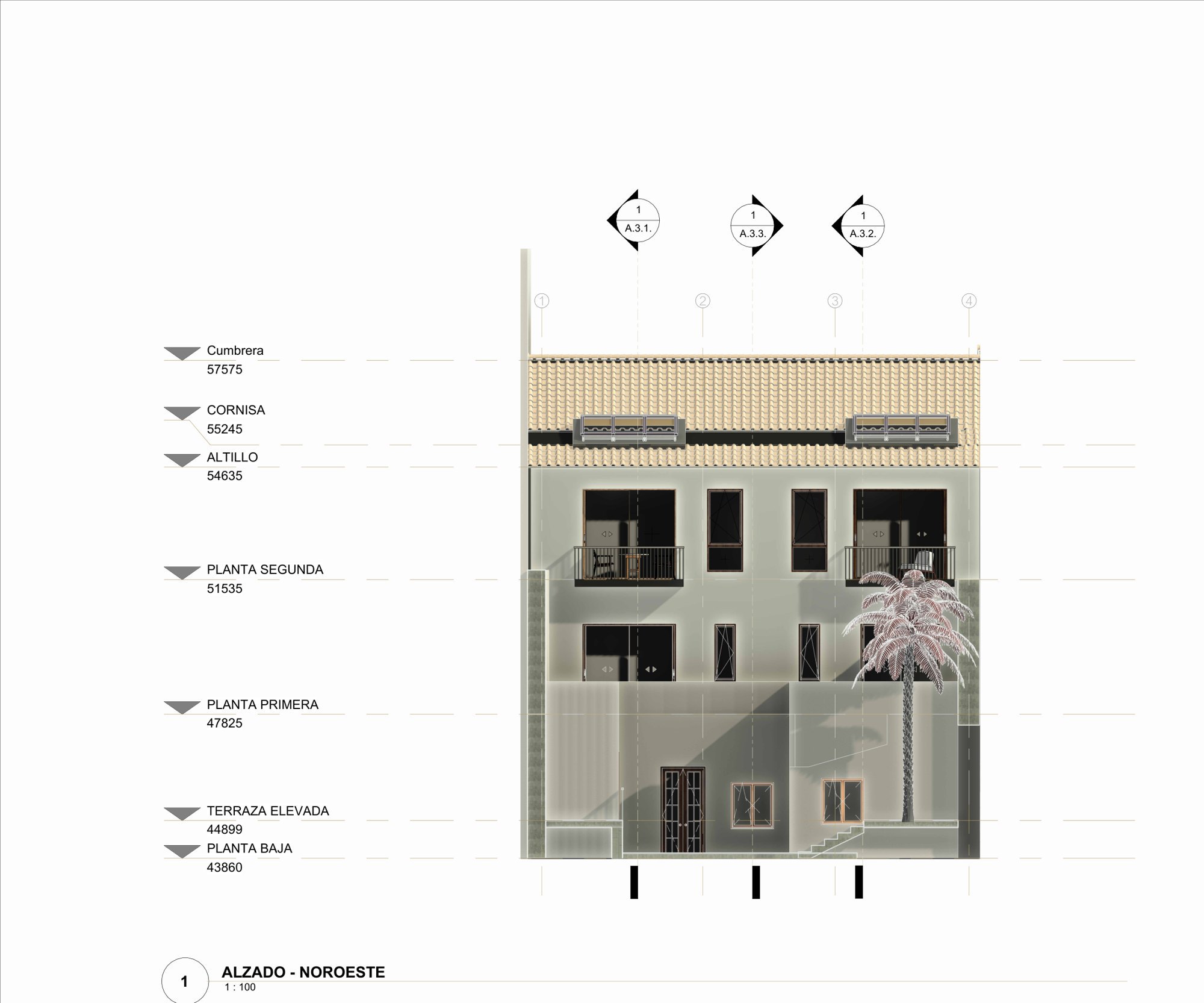 North-west elevation in colour: the rear façade with balconies and a tiled roof.