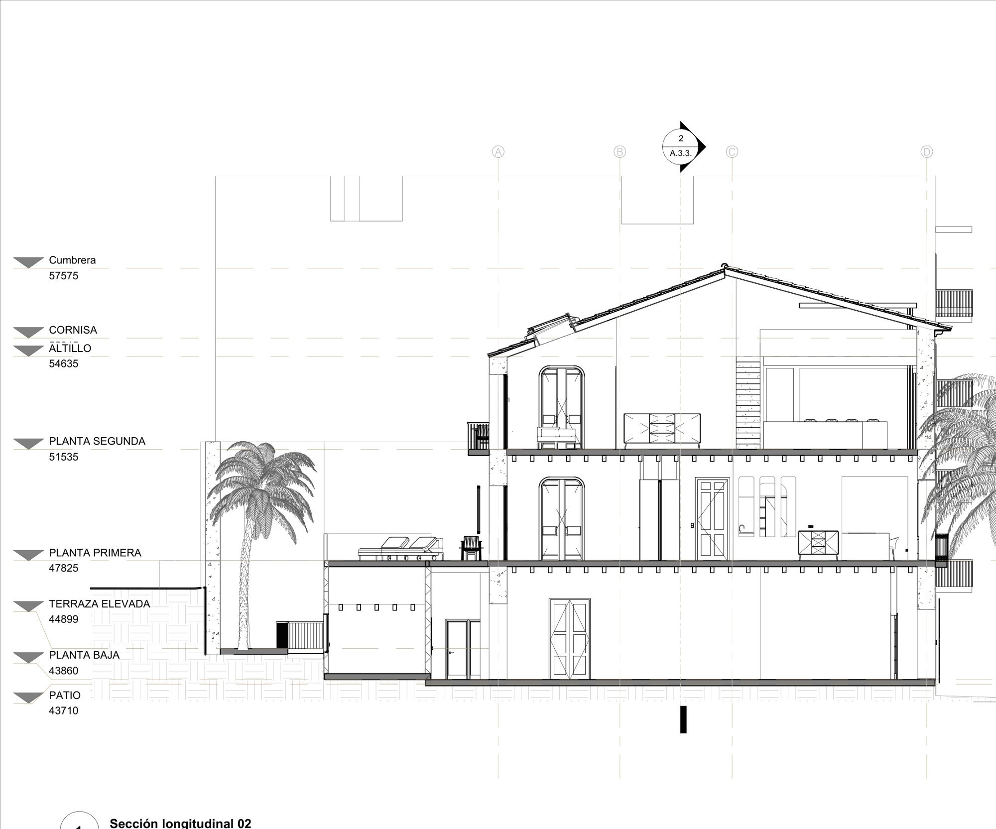 Longitudinal section through the building, from ground floor and patio to the roof terrace.